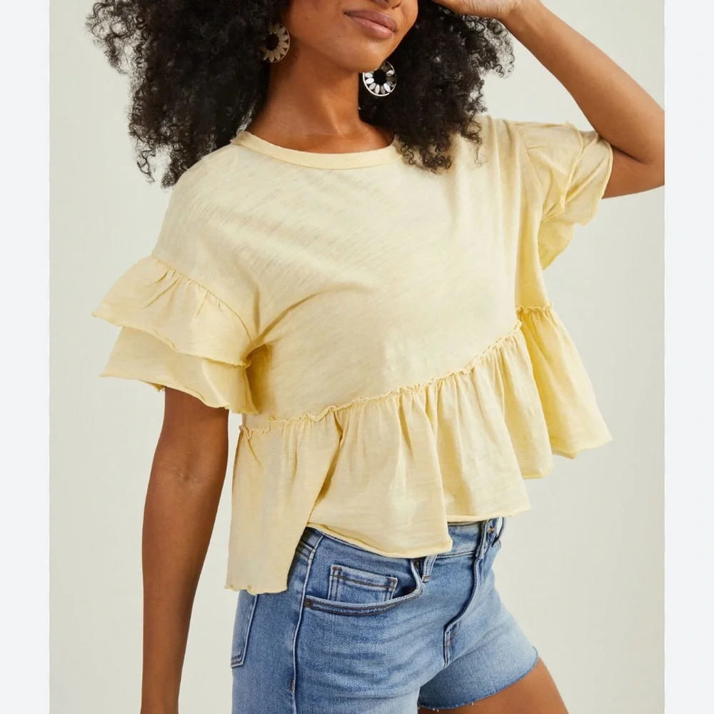 Altar’d State Laina Babydoll Top Yellow Ruffle Crop Boho Feminine Spring Medium - Picture 1 of 4